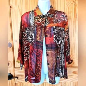 Chico's Silk 3/4 Sleeve Front Placket 2 Pocket Sheer Tribal Silk Blouse  EUC 1